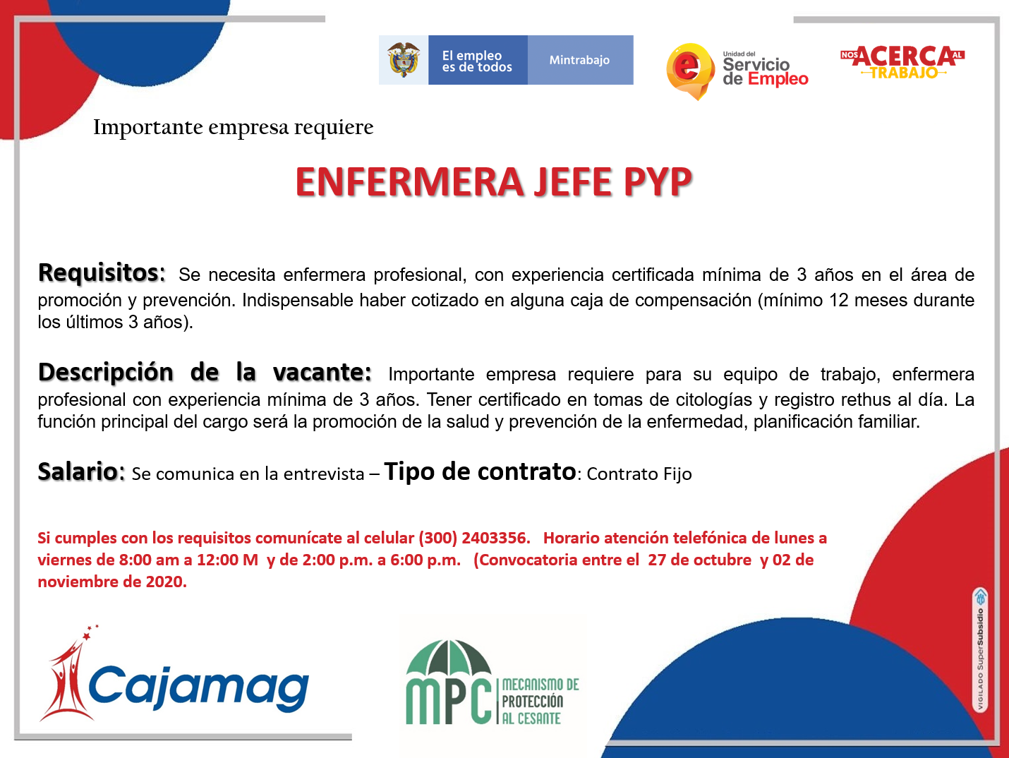 Convocatoria MPC - ENFERMERA JEFE PYP - Cajamag