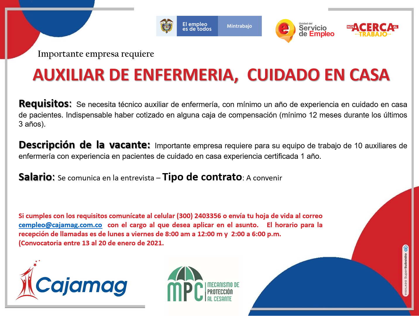 Convocatoria Centro de Empleo de Cajamag Auxiliar de Enfermería, cuidado en casa Cajamag