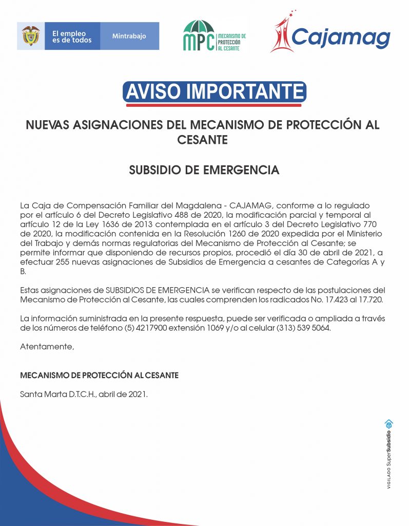 Conoce las nuevas asignaciones del Subsidio de Emergencia del Mecanismo de Protección al Cesante