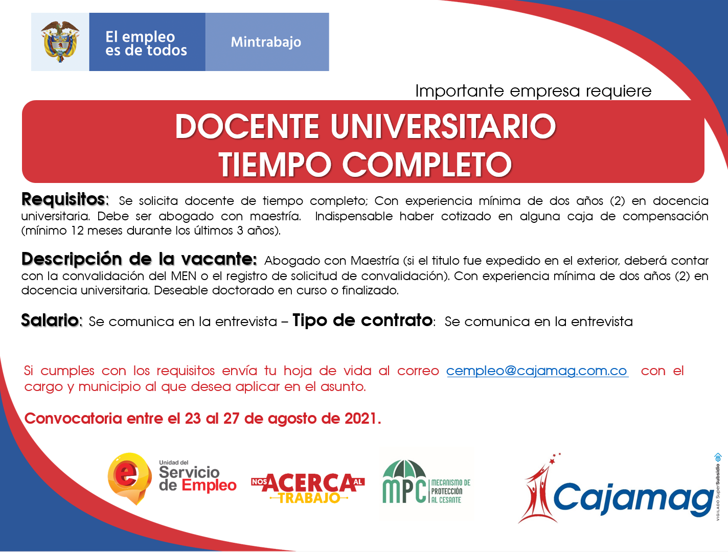 CONVOCATORIA CENTRO DE EMPLEO DOCENTE UNIVERSITARIO TIEMPO COMPLETO