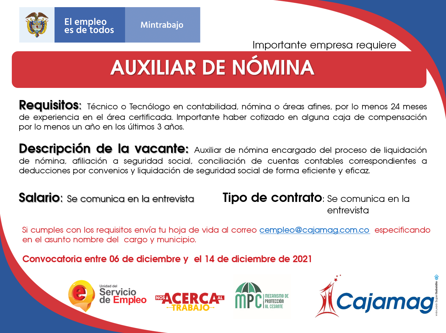 CONVOCATORIA CENTRO DE EMPLEO - AUXILIAR DE NÓMINA - Cajamag