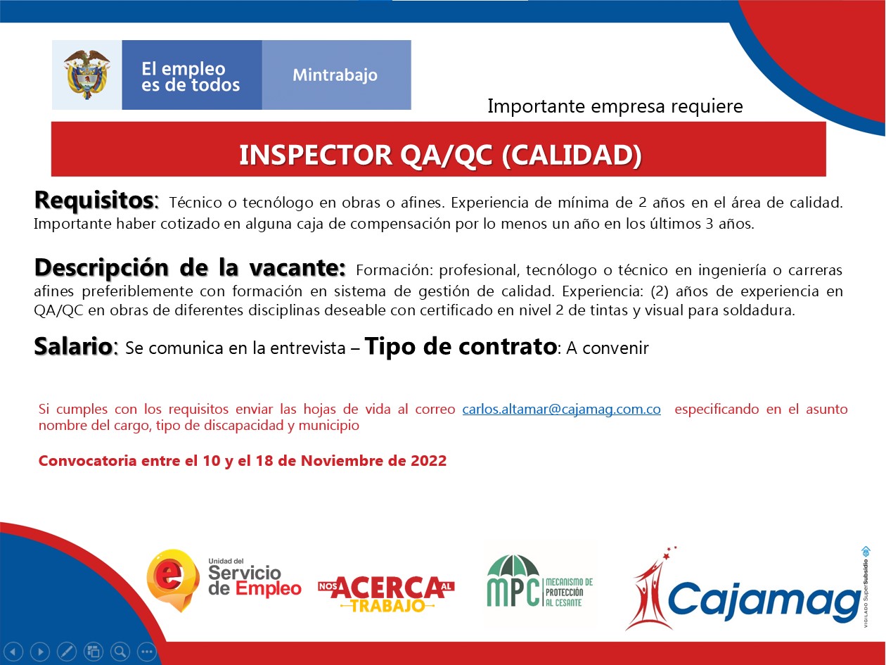 CONVOCATORIA CENTRO DE EMPLEO INSPECTOR QA QC CALIDAD Cajamag